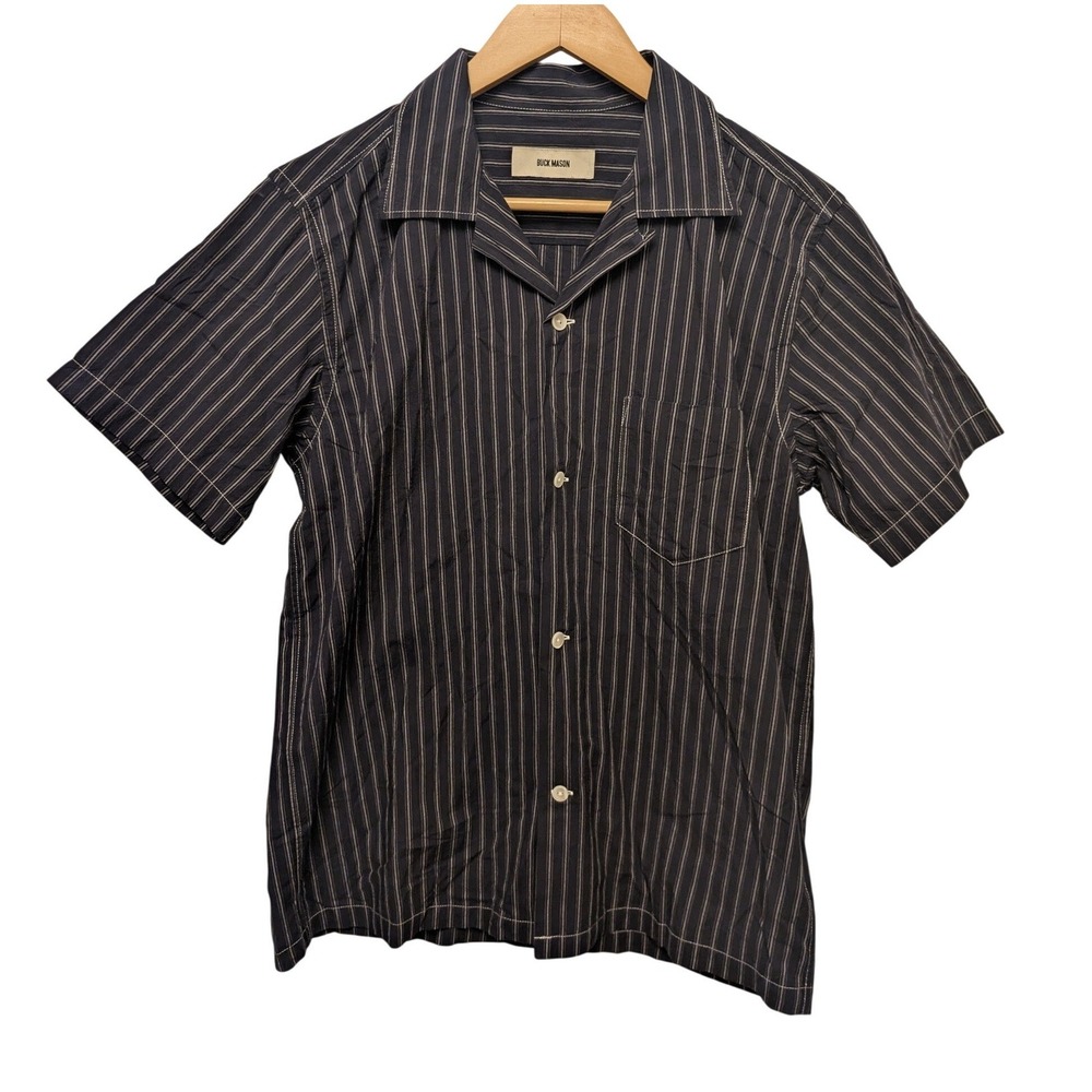 Buck Mason Natural Road Stripe Wornwell Camp Shirt Navy Small Preppy Resort